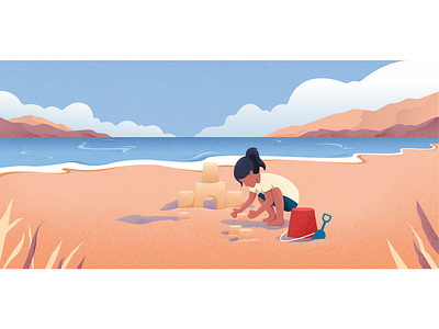 Sand castle beach character children colors girl illustration landscape sand castle sunny vector