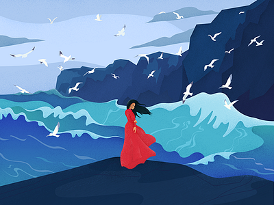 Annabel Lee charachter graphic gulls illustration landscape material sea seascape storm waves wind woman