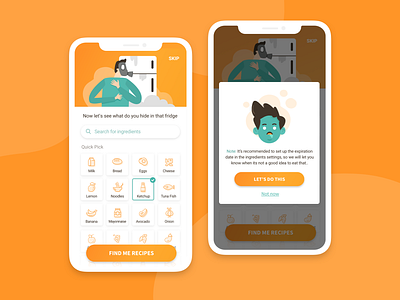 Ingredients based app concept app character character design cute design food illustration ingredients interactive orange product product design students ui ui ux ui design