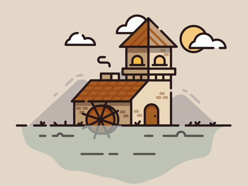 Watermill animation flat gif mograph motion outline