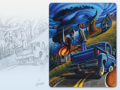 SCREAMING AT TORNADOES acrylic church fire illustration painting sketch tornados truck wind