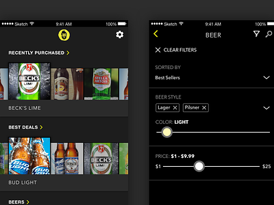 Beer Delivery App dark theme filter gallery ios mobile product list