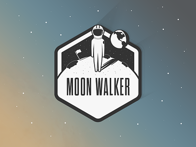 The Moonwalker app badge bw hexagon icon illustration planet satellite space stars sticker suit