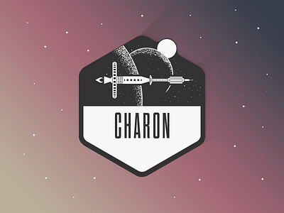 Charon badge bw hexagon icon illustration pixelart planet satellite space spaceship stars sticker