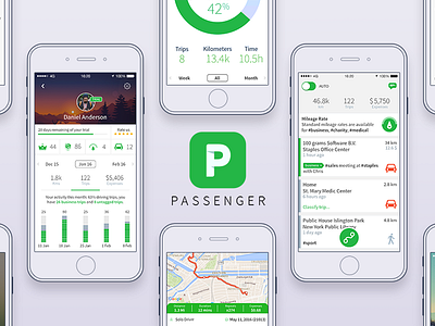 Passenger app - Mileage tracker app bars data detail graph grid icon map profile project stats timeline