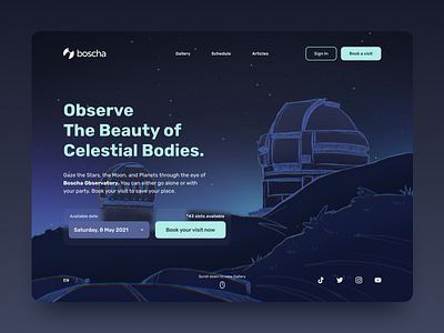 Boscha Observatory Landing Page dark mode illustration landing page observatory space web design