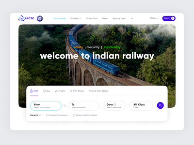 Irctc - Train booking app branding chennai design designers figma irctc irctc redesign landing page landinpage menu search train train booking travel booking travel mode trip ui uidesign vignesh web