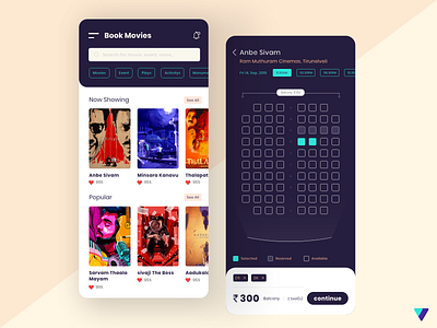 Movie Tickets Booking - Mobile App adobe xd app booking app chennai designer cinema illustration mobile mobile app mobile ui mobile ui kit movie app movie booking seat ui uidesign userinterface vignesh