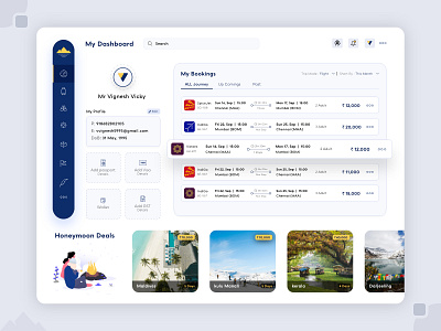 Travel Booking Dashboard adobe xd bookingapp chennai clean dashboad flight illustration lineicon mybookings package productabl table table ui tour travel travel dashboard ui uidesign vector webdesign