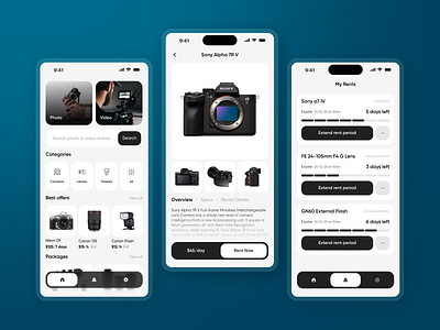 Photo & Video Equipment Rental App app blackandwhite camera clean clear concept design equipment interface lens minimal mobile photo photography rent rental ui uxui video videography