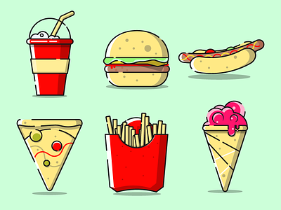 Fast food dinner set fast food food french fries hamburger hot dog ice cream icon illustration mcdonalds milkshake pizza vector