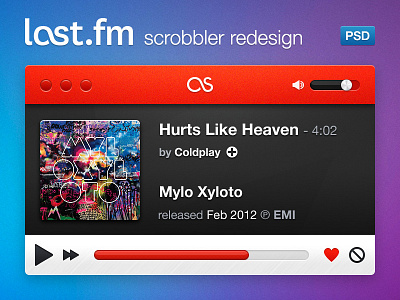 Last.fm Scrobbler Redesign app black coldplay component concept freebie gemicon hidpi interface itunes last fm last.fm lastfm mac metal music osx player psd rdio re design red redesign retina scrobble scrobbler sound spotify ui widget