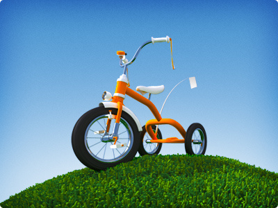 Tricycle - Day 3d animation blue cartoon character children cute day flag fun grass green happy icon light logo mascot object orange play render shadow simple sky streamers sunny texture toy tricycle