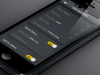 iPhone Taxi app app apps booking buttons cab dark design interface iphone iphone5 taxi ui ux yellow