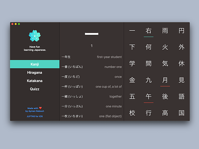 Learn Japanese on macOS/Desktop app clean design desktop education grid hiragana japan japanese jlpt kanji katakana list macos shadow split ui web
