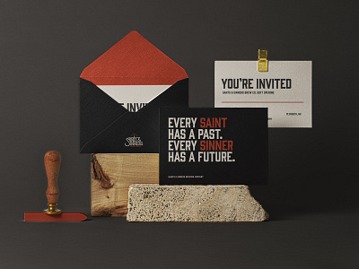 Saints & Sinners Brewing Co. art direction brand identity branding collateral creative direction envelope graphic design invite logo mockup