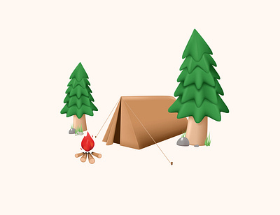 Camping 3D Scene 3d bonfire branding camping design event forest illustration landing page outdor page pine summer tent ui vector web wild