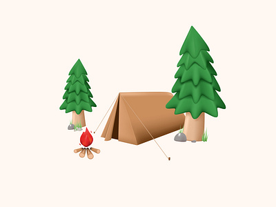 Camping 3D Scene 3d bonfire branding camping design event forest illustration landing page outdor page pine summer tent ui vector web wild