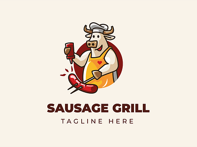 Cow Sausage animal branding cartoon cattle character chef cow design food grill illustration logo mascot sale sauce sausage vector