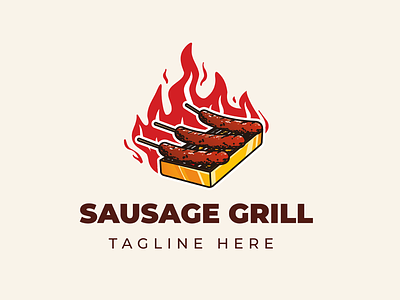 Sausage Grill barbecue barbeque bbq eat fire food grill hot illustration logo menu party red roast sausage skewer snack vector