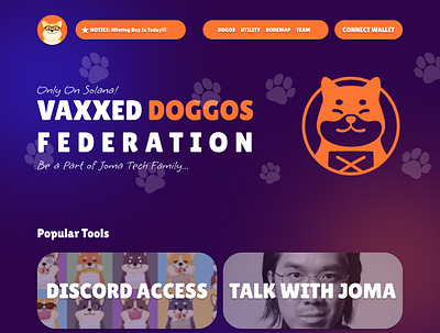 VAXXED DOGGOS NFT LANDING PAGE ft JOMA TECH blockchain branding crypto design graphic design illustration logo nft nft marketplace ui