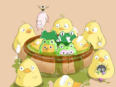 Relaxing Time animals cute duck frog ghibli illustration pig