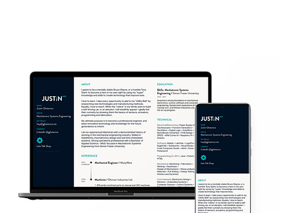 Justin Ghatarora | MSE branding clean design engineer engineer website mechatronics one page responsive resume resume cv website website design