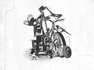Old vector works bike bw cables computer dirt frisbee halucinator illustration magpie speakers stencil vector