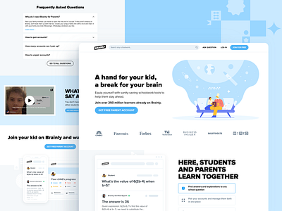 Landing Page for Parents on Brainly blue clean content education educational illustration information informative join landing page landing page design new account offer pairing parents sales subpage ui user inteface white