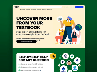 Textbook Solutions – Landing Page animated animation books colorful ed tech green header illustration interaction landing landing page math pastel simple step by step textbooks ui ux visual design white