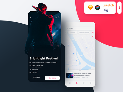 Event Booking App Freebie booking buying concert dark download event events figma freebie map music musical photo seats singer sketch tickets ui uiux white