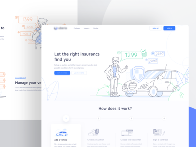 Landing Page - Insurance Search App blue blue and white car cars elegant header illustration insurance landing page offer outline person prices search simple steps ui uiux vehicle website