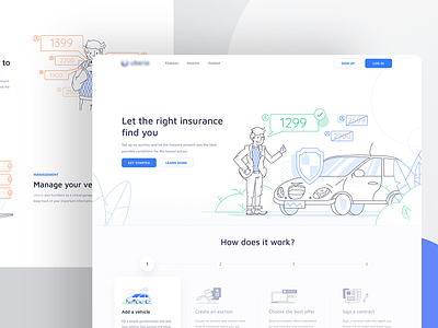 Landing Page - Insurance Search App blue blue and white car cars elegant header illustration insurance landing page offer outline person prices search simple steps ui uiux vehicle website