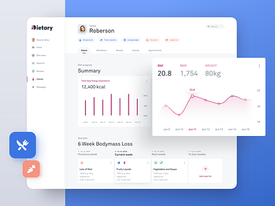 Diet Monitoring Tool - Client Overview Dashboard boxes calories clean dashboard clean interface cooking dashboard diet diet app food health healthcare healthy healthy eating iconset medical minimalistic restaurant simple ui summary white ui
