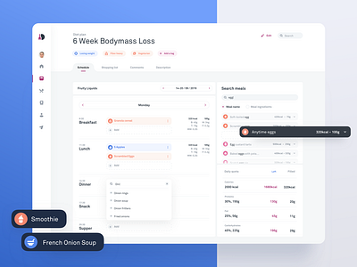 Diet Monitoring Tool - Meal Plan Creator View blue ui boxes calendar calories dashboard diet app drag and drop eating food health healthcare healthy eating meals minimalistic planner restaurant simple ui tags tasks white ui
