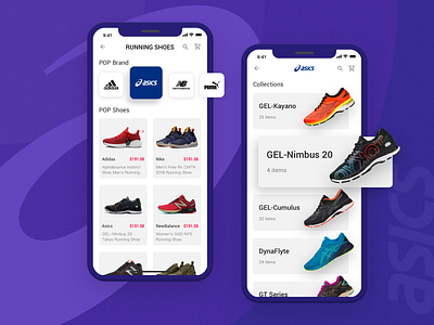 Asics Running Shoes asics card design interface list view redesign shoes shop app spot ui ux