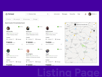 Listing Page budget chennai colors contact design filter friends help location map mapping minimal profile roommate search searching sort ui zoom