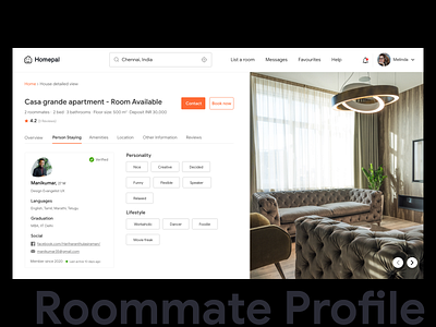 Roommate Profile apartment branding buttons chennai colors googlesans images minimal pexels pixabay product tabsicons typography ui