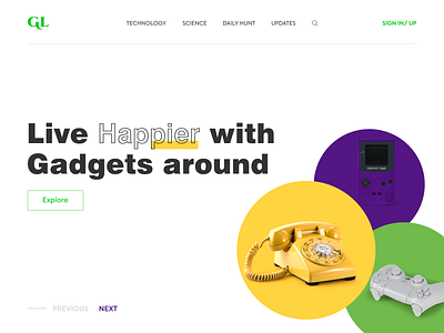 Gadgets Live - One place for your daily Updates colors gadgets landingpage minimal news notification typography ui uxui wired