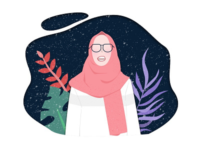 Girl With Her Random Mind character flat glasses hijab illustration plant scarf space texture vector
