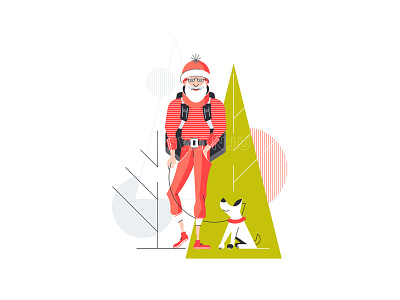 Young and sporty Santa with backpack and dog 2018 christmas claus dog flat illustration line new year santa