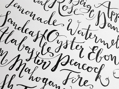 Dandelion, Lemonade, Watermelon, Oyster, Ebony, Alabaster, calligraphy font handlettering ink lettering letters typography