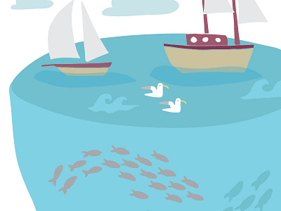 Let's go fishing boat bright fresh handdrawn illustrated illustration layers nature sea vector