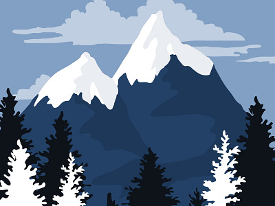 Snowy peaks blue cool forest illustration landscape mountains nature pine trees retro sky vintage woods