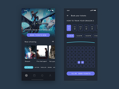 Minimal movie booking app sketch ui