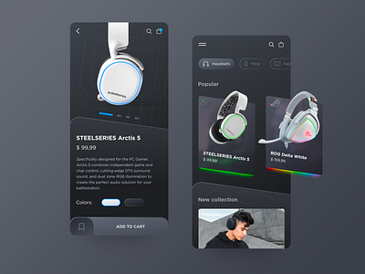 Shoping app for gamers app dark design figma headphones interface mobile ui ux webdesign website