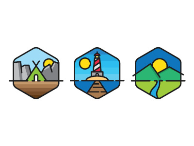 Outdoor Badges badge badge design beach camping campsite lighthouse logo logo design mountains vector badge vector logo