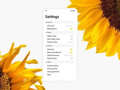 Settings App - Daily UI 007 app app design clean daily ui 007 dailyui dailyui007 ios iphone minimal sunflower ui yellow