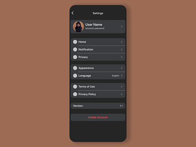 Settings Screen. Daily Ui Challenge, Day 7 dailyui design figma mobile settings ui ux web