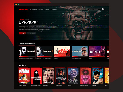 Shudder — Home Concept browse concept dark mode gradient horror movie app movies redesign shudder streaming app ui ui ux web app